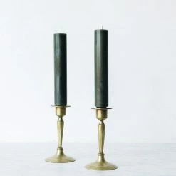 Elsie Green Pair Of Brass Candlesticks With Beeswax Column Tapers What's New
