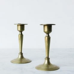 Elsie Green Pair Of Brass Candlesticks With Beeswax Column Tapers What's New