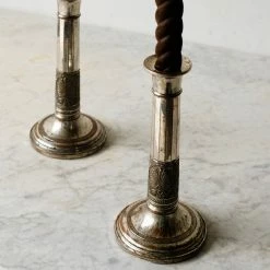 Elsie Green What's New Pair Of Vintage Embossed Candlesticks With Beeswax Tapers
