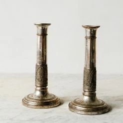 Elsie Green What's New Pair Of Vintage Embossed Candlesticks With Beeswax Tapers